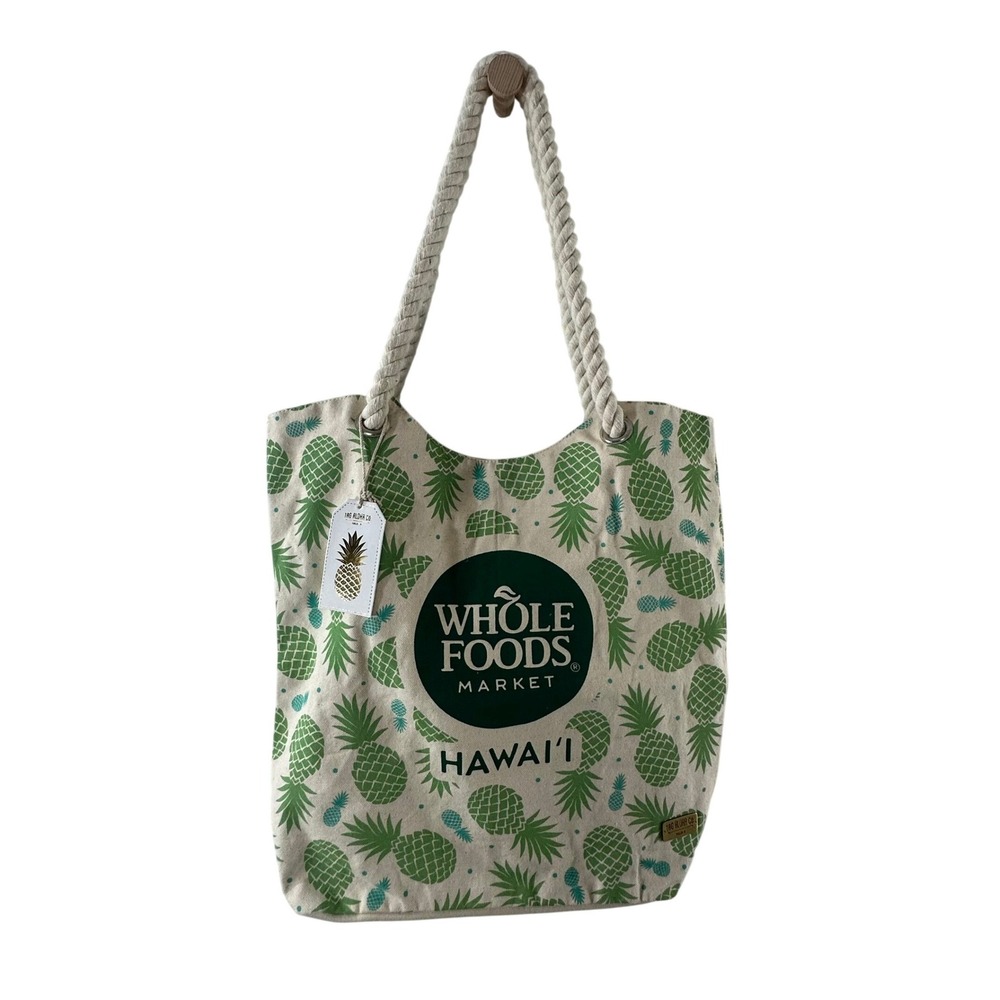 Tag Aloha Co Whole Foods Hawaii Pineapple Canvas Tote Bag Rope Handle NWT